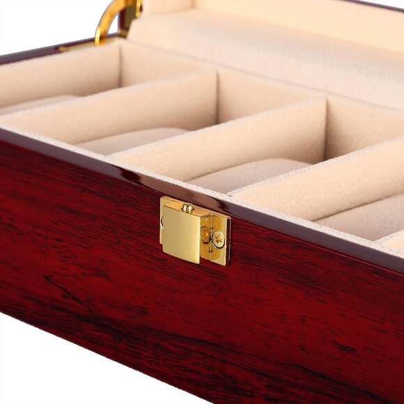6 Slot Wooden Watch Display Case w/ Glass Lid & Removable Pillows - Vintage Brow - Picture 9 of 10
